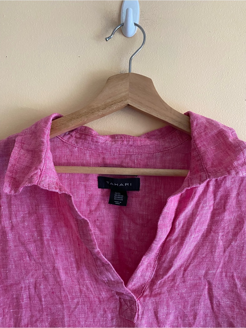 TAHARI 100% Linen Popover Top Womens 2X Pink 3/4 Sleeve Side Buttons Lagenlook - Picture 5 of 11